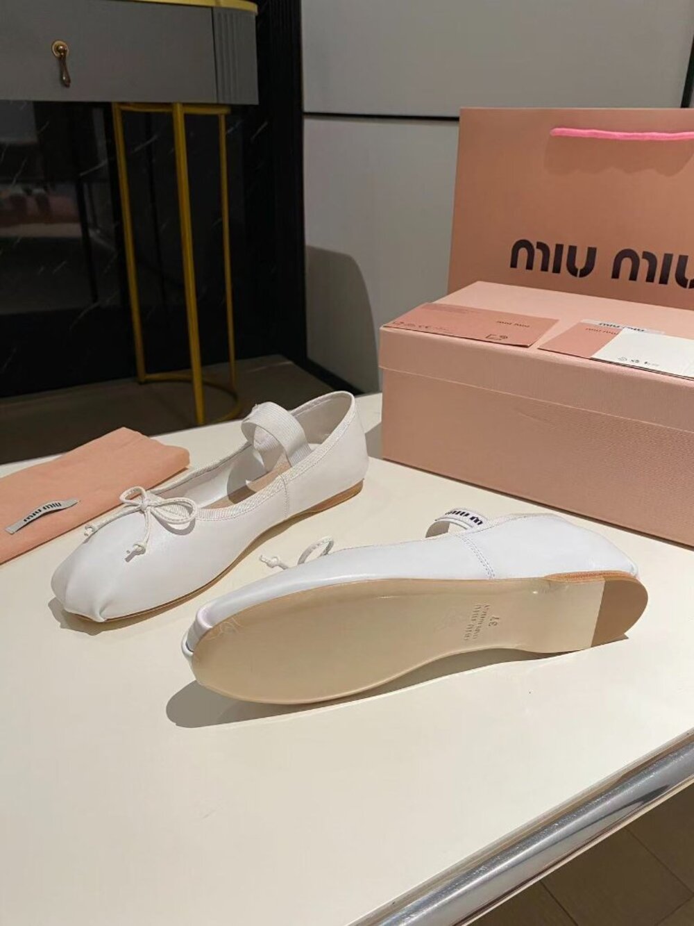 Miu Miu Cream Ballet Flats with Bow - Picture 3 of 8